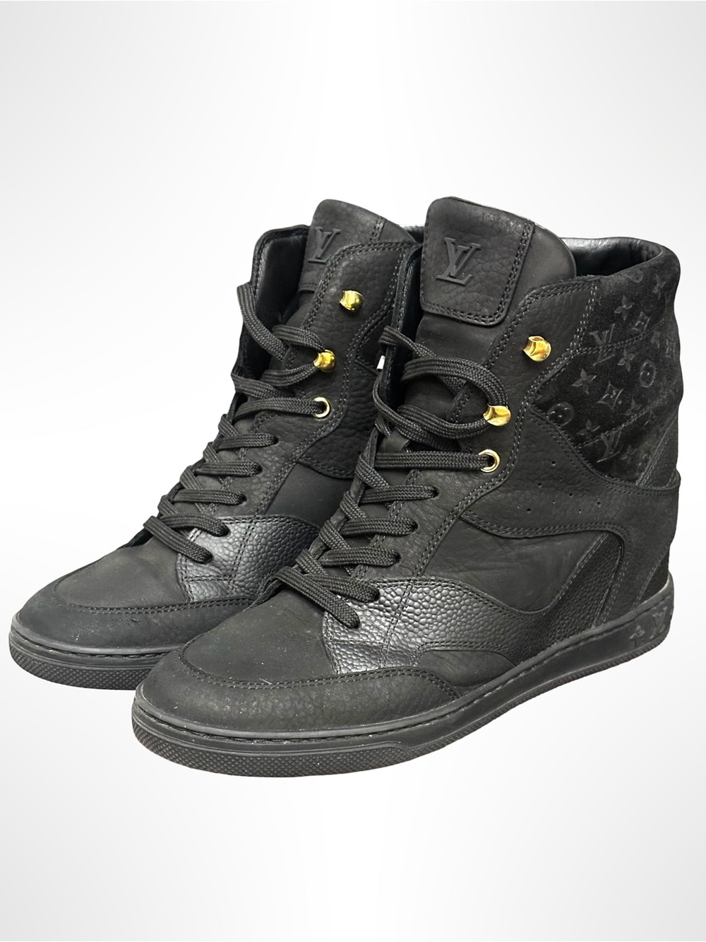 Louis Vuitton Black High-Top Monogram Wedge Sneakers with Gold Accents